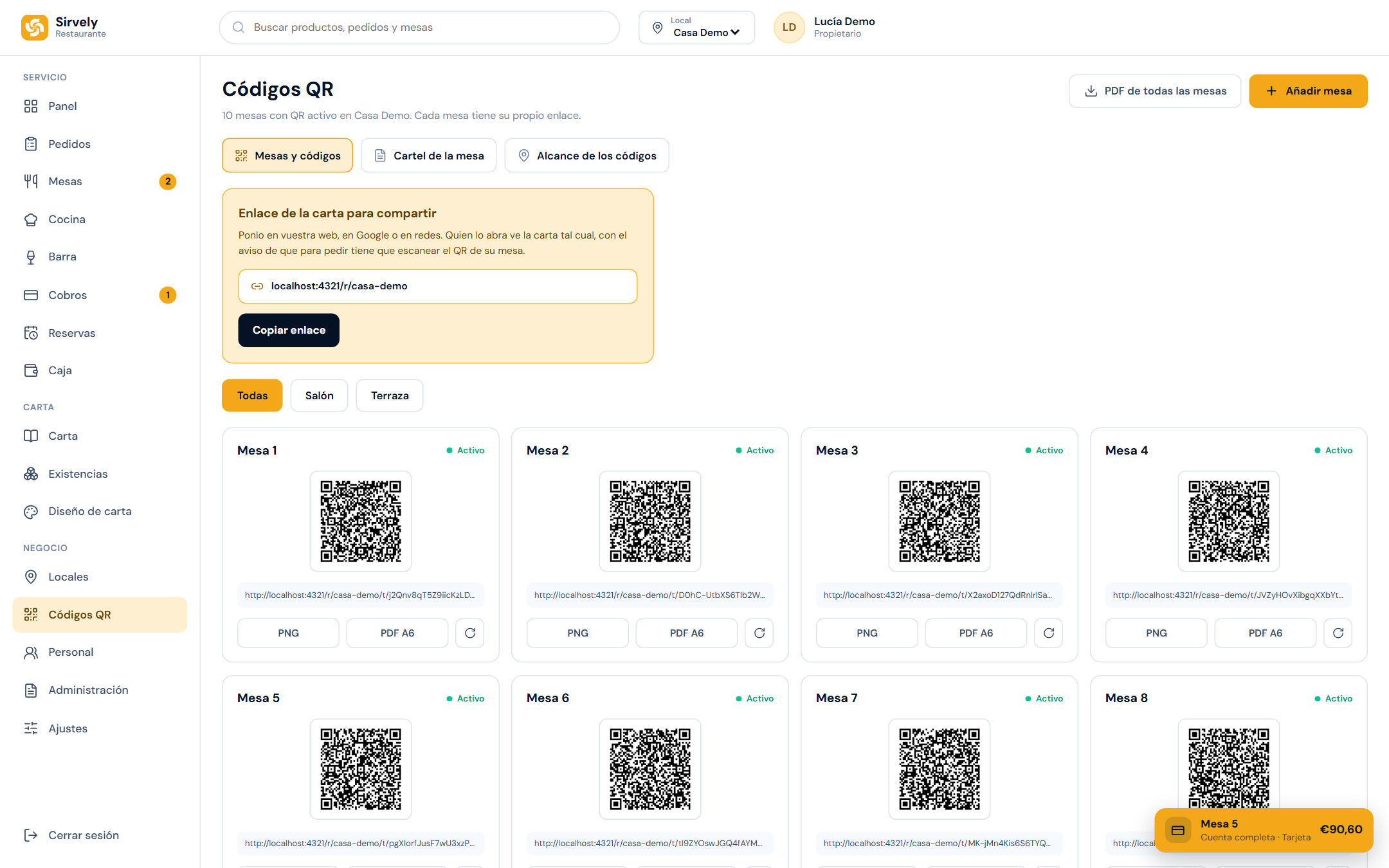 Los códigos QR de cada mesa, en el panel.